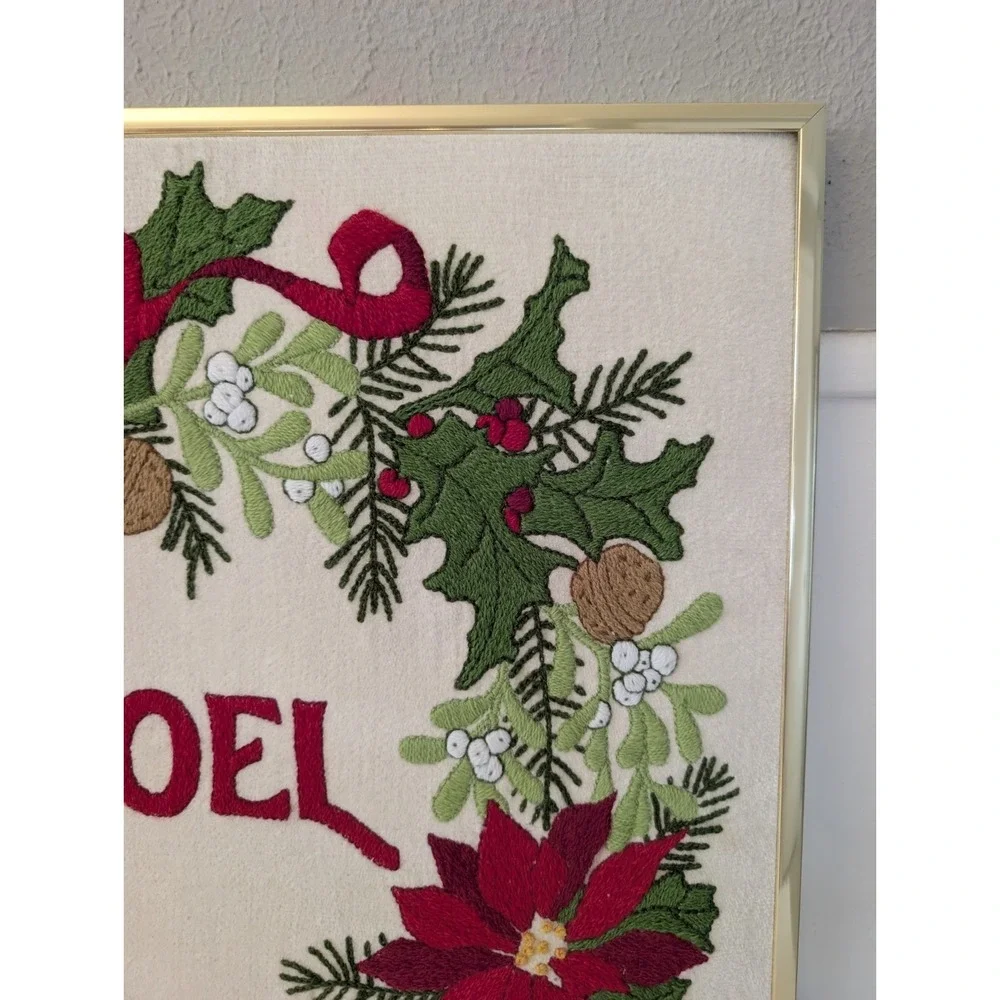 Vintage Christmas Wreath Noel Ribbon Crewel Gold Framed Artwork Holiday Decor